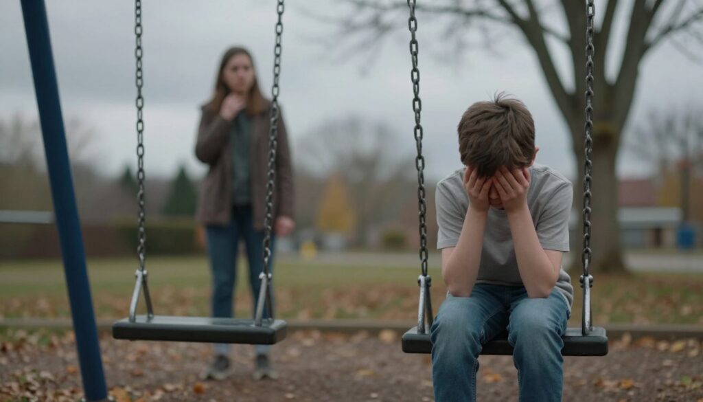 A poignant scene depicting child mental health issues, focusing on depression in children and adolescents. In the foreground, a young boy sits on a playground swing, his head bowed and shoulders hunched, wearing a simple t-shirt and jeans, evoking a sense of isolation. In the middle, a blurry figure of a concerned parent watches from a distance, showing worry but not intruding. The background features a gray, overcast sky, with leafless trees casting shadows, enhancing the somber atmosphere. Soft, diffused lighting creates an emotional tone, highlighting the somber colors of the autumn landscape. The overall mood conveys a sense of sadness and contemplation, encouraging empathy and understanding of the children's plight.
