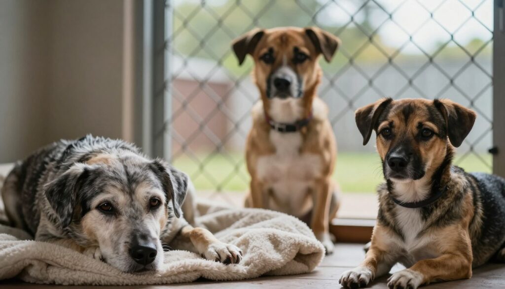 A poignant scene depicting three distinct dogs symbolizing vulnerable groups at risk of depression: a senior dog with gray fur and a gentle expression resting on a soft blanket, a shelter dog with a hopeful gaze peeking out from behind a chain-link fence, and a sensitive dog, perhaps a small breed, looking anxiously at its surroundings. The foreground focuses on the dogs, emphasizing their expressions and body language to convey their emotional states. The middle ground features a cozy room setting with soft, diffused lighting creating a warm atmosphere, while the background hints at a serene outdoor space with blurred greenery. The mood is tender and reflective, evoking empathy and compassion for these animals in need. Use a portrait lens to capture intimate details, enhancing the emotional resonance of the image. A poignant scene depicting three distinct dogs symbolizing vulnerable groups at risk of depression: a senior dog with gray fur and a gentle expression resting on a soft blanket, a shelter dog with a hopeful gaze peeking out from behind a chain-link fence, and a sensitive dog, perhaps a small breed, looking anxiously at its surroundings. The foreground focuses on the dogs, emphasizing their expressions and body language to convey their emotional states. The middle ground features a cozy room setting with soft, diffused lighting creating a warm atmosphere, while the background hints at a serene outdoor space with blurred greenery. The mood is tender and reflective, evoking empathy and compassion for these animals in need. Use a portrait lens to capture intimate details, enhancing the emotional resonance of the image.