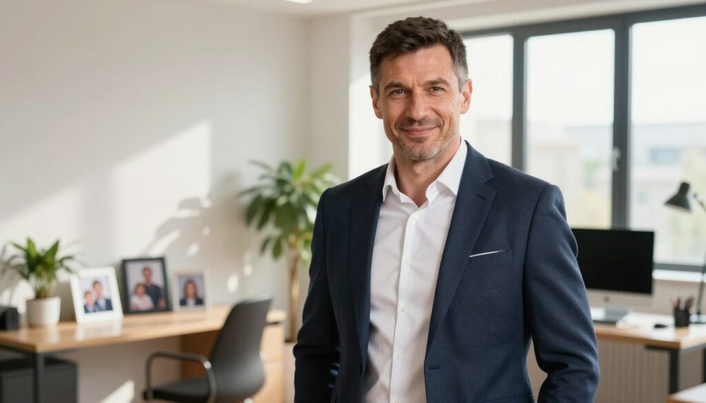 A portrait of Jacek Murański, a middle-aged man in his 40s, presenting a friendly yet confident demeanor. He stands in a modern, well-lit office environment, dressed in smart casual attire—an elegant blazer over a simple white shirt. His features are distinctive, highlighting a charismatic expression, short dark hair, and a fit physique reflective of an active lifestyle. In the background, a sleek desk with family photos and a plant adds warmth to the scene, while a large window allows natural daylight to cascade in, creating an inviting atmosphere. The focus is on Jacek, capturing his personality and life beyond the realm of freak fights. The composition should have a slightly blurred background to emphasize him, using soft lighting to enhance the natural colors of the setting.