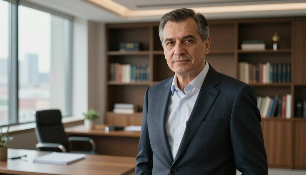 A portrait of Marian Krzaklewski, depicted as a middle-aged man with short, neatly combed dark hair and wearing a smart, tailored suit in a professional setting. He has a confident expression, conveying knowledge and authority. In the foreground, he stands by a large window, with soft, natural light illuminating his face. The middle ground captures a stylish office filled with bookshelves, a desk, and a city skyline visible through the window in the background. The atmosphere is one of professionalism and intellect, with warm tones and a clear focus on Krzaklewski, creating a sense of intrigue and stability. The image is well-composed with a slight angle, drawing the viewer's attention to his presence and the ambiance of the office space. A portrait of Marian Krzaklewski, depicted as a middle-aged man with short, neatly combed dark hair and wearing a smart, tailored suit in a professional setting. He has a confident expression, conveying knowledge and authority. In the foreground, he stands by a large window, with soft, natural light illuminating his face. The middle ground captures a stylish office filled with bookshelves, a desk, and a city skyline visible through the window in the background. The atmosphere is one of professionalism and intellect, with warm tones and a clear focus on Krzaklewski, creating a sense of intrigue and stability. The image is well-composed with a slight angle, drawing the viewer's attention to his presence and the ambiance of the office space.