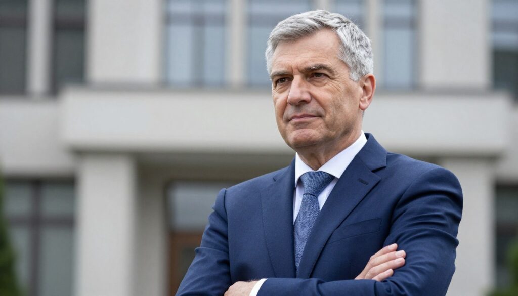 A portrait of Waldemar Pawlak, depicted as a distinguished politician in his mid-60s. He has short, neatly combed gray hair and wears a tailored navy-blue suit with a crisp white shirt and a subtle patterned tie. His expression is thoughtful and approachable, conveying a sense of leadership. In the foreground, he stands confidently with crossed arms, set against a blurred backdrop of a modern government building to symbolize his political career. The image is illuminated by soft, natural light, enhancing his features while creating a professional and inviting atmosphere. A shallow depth of field focuses attention on Pawlak, implying his significance in Polish politics and the intrigue surrounding his residence.