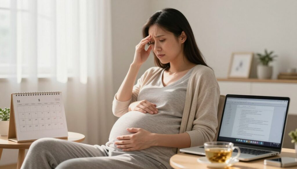 A pregnant woman sitting comfortably in a well-lit, serene home environment, with a look of contemplation and mild concern on her face. She is dressed in modest casual clothing, highlighting her pregnancy with a gentle hand on her belly. Surround her with imagery symbolizing common stressors: a calendar filled with appointments, a laptop showing work-related tasks, and a soothing cup of herbal tea nearby. In the background, soft sunlight filters through sheer curtains, creating a warm, calm atmosphere. The composition emphasizes the emotional complexity of pregnancy, with an inviting yet reflective mood. Ensure clear focus on the woman while subtly incorporating the stress elements around her, using a soft focus for the background to highlight her as the main subject. A pregnant woman sitting comfortably in a well-lit, serene home environment, with a look of contemplation and mild concern on her face. She is dressed in modest casual clothing, highlighting her pregnancy with a gentle hand on her belly. Surround her with imagery symbolizing common stressors: a calendar filled with appointments, a laptop showing work-related tasks, and a soothing cup of herbal tea nearby. In the background, soft sunlight filters through sheer curtains, creating a warm, calm atmosphere. The composition emphasizes the emotional complexity of pregnancy, with an inviting yet reflective mood. Ensure clear focus on the woman while subtly incorporating the stress elements around her, using a soft focus for the background to highlight her as the main subject.