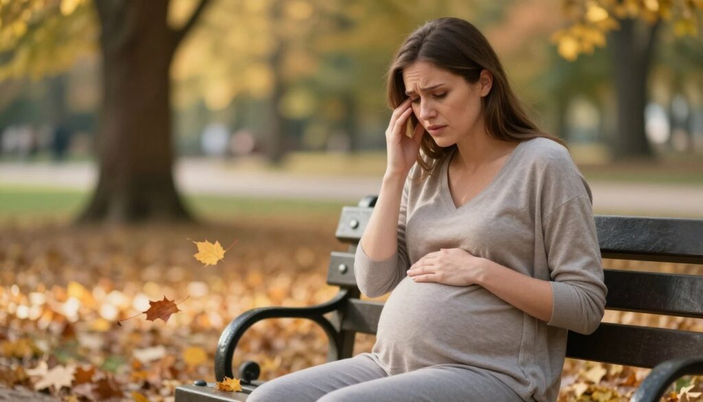 A pregnant woman sitting on a park bench, visibly stressed with her hands on her abdomen, reflecting her emotional state. Her expression shows concern and worry, while she is dressed in modest casual clothing. In the foreground, a soft focus on her face captures the tension. The middle ground features playful autumn leaves swirling around her feet, symbolizing the chaos of emotions during pregnancy. The background has a blurred image of a peaceful park setting with gentle sunlight filtering through the trees, creating a contrasting atmosphere of tranquility. The lighting is warm and soft, evoking a sense of empathy and understanding, highlighting the internal struggle she faces. The overall mood is one of reflection and contemplation, emphasizing the impact of stress during pregnancy. A pregnant woman sitting on a park bench, visibly stressed with her hands on her abdomen, reflecting her emotional state. Her expression shows concern and worry, while she is dressed in modest casual clothing. In the foreground, a soft focus on her face captures the tension. The middle ground features playful autumn leaves swirling around her feet, symbolizing the chaos of emotions during pregnancy. The background has a blurred image of a peaceful park setting with gentle sunlight filtering through the trees, creating a contrasting atmosphere of tranquility. The lighting is warm and soft, evoking a sense of empathy and understanding, highlighting the internal struggle she faces. The overall mood is one of reflection and contemplation, emphasizing the impact of stress during pregnancy.