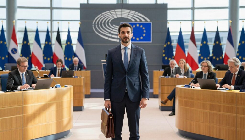 A professional European Parliament setting showcasing the pathway of a politician. In the foreground, a well-dressed male politician in a tailored suit stands confidently, holding a briefcase, symbolizing his career journey. The middle layer features a diverse group of parliament members engaged in discussion, surrounded by flags of European countries. The background shows the iconic European Parliament building, with large windows allowing natural light to illuminate the scene, casting soft shadows. The lighting is warm and inviting, creating a focused yet approachable atmosphere. The overall mood reflects professionalism, civic duty, and the dynamic nature of the political landscape.