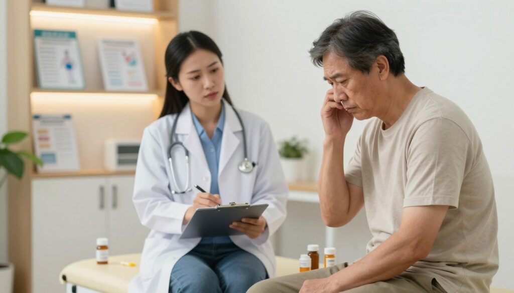 A professional, clean medical office scene depicting the side effects of medication on a patient. In the foreground, a middle-aged individual in modest casual clothing sits on an examination table, looking pensive and concerned, surrounded by prescribed medication bottles scattered nearby. The middle ground features a healthcare professional, dressed in a lab coat, providing empathetic support while writing notes on a clipboard. In the background, softly lit shelves display various medical pamphlets and a plant for a calming effect. The lighting is warm and inviting, highlighting the seriousness of the subject while maintaining an overall atmosphere of care. The image should evoke a sense of hope while emphasizing the importance of understanding medication side effects. A professional, clean medical office scene depicting the side effects of medication on a patient. In the foreground, a middle-aged individual in modest casual clothing sits on an examination table, looking pensive and concerned, surrounded by prescribed medication bottles scattered nearby. The middle ground features a healthcare professional, dressed in a lab coat, providing empathetic support while writing notes on a clipboard. In the background, softly lit shelves display various medical pamphlets and a plant for a calming effect. The lighting is warm and inviting, highlighting the seriousness of the subject while maintaining an overall atmosphere of care. The image should evoke a sense of hope while emphasizing the importance of understanding medication side effects.