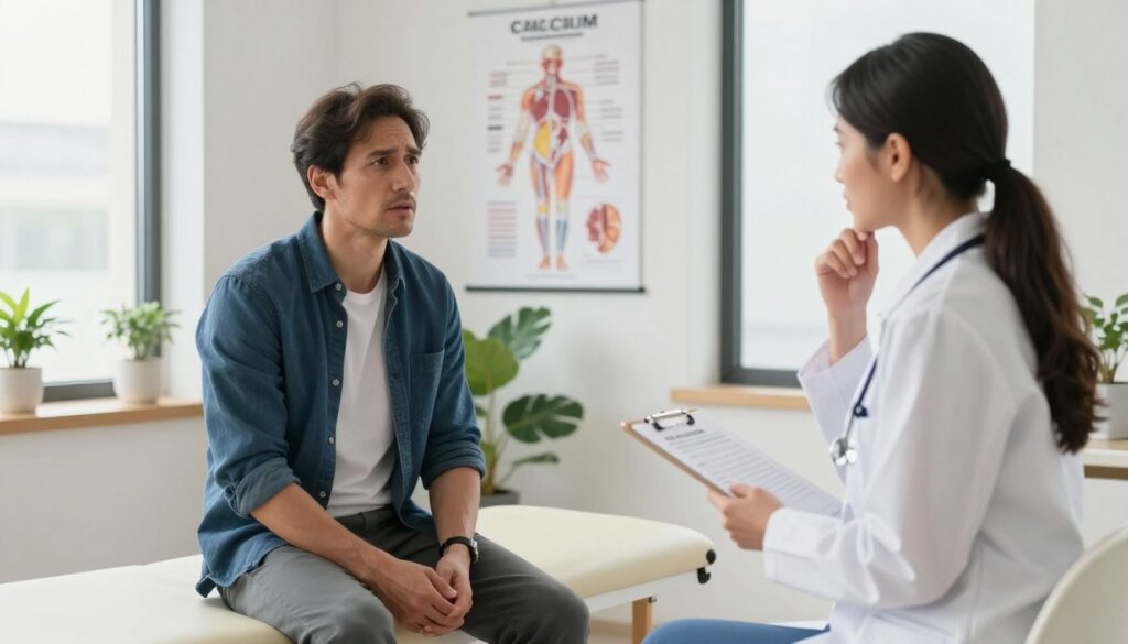 A professional consultation scene in a bright, modern doctor's office. In the foreground, a middle-aged man dressed in smart casual attire is sitting on an examination table, looking concerned but attentive. He is speaking with a healthcare professional, a woman in a white coat holding a clipboard with a thoughtful expression. In the middle ground, a vivid anatomical chart of the calcium cycle hangs on the wall, surrounded by plants that add a calming effect. The background displays a large window with soft natural light streaming in, creating a warm and reassuring atmosphere. The overall mood is one of professionalism and support, highlighting the importance of seeking medical advice regarding calcium levels and health. The focus is sharp, capturing the details of their discussion without any distractions.
