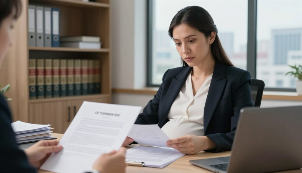 A professional female businesswoman in a modern office setting, visibly pregnant, sitting at a desk filled with documents and a laptop. She is dressed in smart business attire, reflecting a serious yet calm demeanor as she reviews a contract. In the foreground, a close-up of her hands holding a letter of termination, displaying the official nature of the document. The middle ground features the office environment, with shelves of legal books and a window showing a cityscape, hinting at a busy work life. Soft, natural lighting illuminates the scene, creating a focused and professional atmosphere. The image captures a moment of contemplation and determination, symbolizing the challenges faced during pregnancy in the workplace.