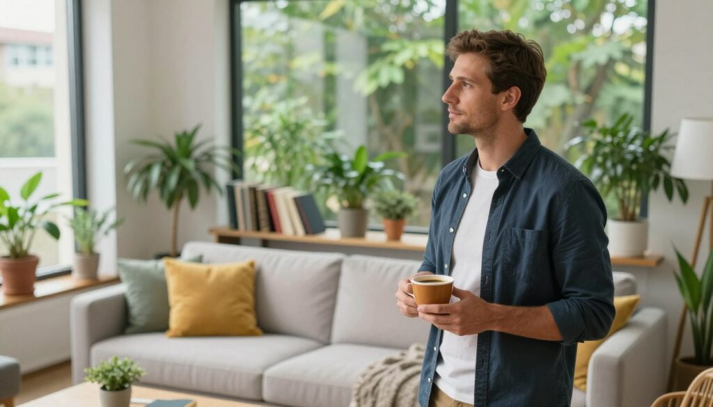 A professional male presenter, Tomasz Wolny, in stylish casual clothing, standing in a modern, well-lit living room filled with plants and comfortable furniture, embodying a lifestyle focused on balance and comfort. In the foreground, he holds a warm cup of coffee, looking thoughtfully out a large window with natural light pouring in. The middle layer features a cozy sofa adorned with bright cushions, and a small bookshelf with books reflecting personal interests. The background shows a lush green view outside, highlighting a blend of urban and nature. The atmosphere is serene and inviting, with an emphasis on personal values shaping lifestyle choices. Shot with a soft focus, from a slightly elevated angle that captures the entire scene.