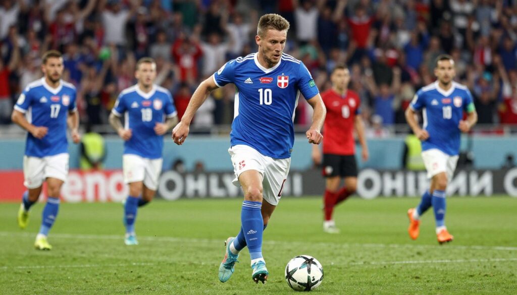 A professional male soccer player, in a dynamic pose, dribbling a soccer ball on a grassy pitch under bright stadium lights. He wears a traditional Polish national team jersey, blue and white, showcasing a determined expression. In the foreground, capture the intensity of his movement as grass blades are kicked up around him. The middle ground features teammates and opponents engaged in an exhilarating game, their faces reflecting concentration and competitiveness. In the background, a crowded stadium filled with cheering fans adds to the atmosphere. The scene is illuminated with vibrant lighting that enhances the excitement of the match, and a shallow depth of field keeps the focus on the player. Overall, the image conveys passion and dedication to soccer, perfectly encapsulating Robert Gadocha’s legacy in Polish football.