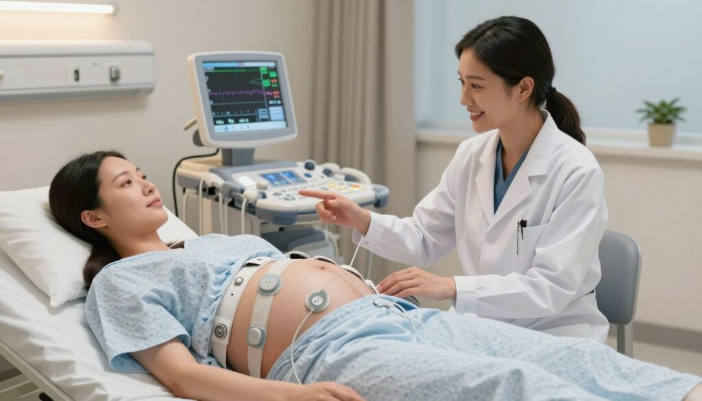 A professional medical environment showcasing a woman undergoing a KTG (cardiotocography) examination during pregnancy. In the foreground, depict a pregnant woman in a comfortable hospital gown, lying on an examination bed, with monitoring straps gently placed on her abdomen, connected to a modern KTG machine displaying a graph. In the middle, include a healthcare professional, wearing a lab coat, attentively explaining the procedure, with a friendly and reassuring demeanor. The background should feature soft, ambient lighting, medical equipment, and calming colors to create a serene atmosphere. Capture the scene from a slightly elevated angle to emphasize both the patient and the healthcare provider, highlighting the supportive and caring environment of prenatal care.