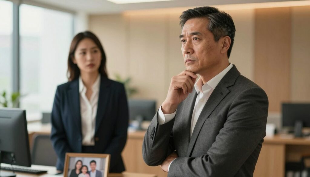 A professional, middle-aged man in a well-fitted suit stands confidently in the foreground, exuding an air of authority and contemplation. He has short, neatly combed hair and is gazing thoughtfully at a family photo in his hand, symbolizing his connection to family life. In the middle ground, a blurred image of a woman in a business attire stands nearby, representing the complex dynamic with a hint of uncertainty. The background features a softly lit, modern office space with warm tones to evoke a sense of intimacy and tension. Natural light filters through large windows, creating a warm atmosphere. The overall mood should be reflective and slightly tense, capturing the essence of relationships and dynamics in a contemporary setting.