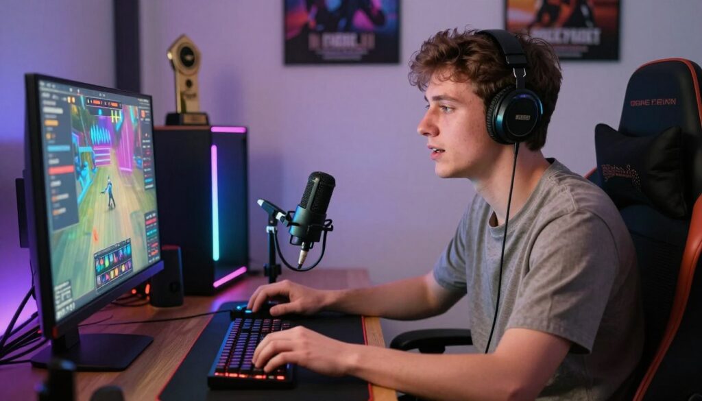 A professional, modern digital workspace featuring a young male streamer, Dawid Jasper, sitting at a high-tech gaming setup. He's wearing casual but stylish clothing, focused on his computer screen, which displays vibrant streaming graphics. The foreground captures him engrossed in conversation with an unseen audience, showcasing his passion and engagement. In the middle, elements like a futuristic microphone, colorful LED lights, and game paraphernalia create an immersive atmosphere. The background hints at a well-organized room with streaming awards and posters, representing his career growth. Soft, ambient lighting enhances the professional yet cozy vibe, while a slight depth of field effect draws attention to the subject. The overall mood conveys enthusiasm and creativity in a digital environment. A professional, modern digital workspace featuring a young male streamer, Dawid Jasper, sitting at a high-tech gaming setup. He's wearing casual but stylish clothing, focused on his computer screen, which displays vibrant streaming graphics. The foreground captures him engrossed in conversation with an unseen audience, showcasing his passion and engagement. In the middle, elements like a futuristic microphone, colorful LED lights, and game paraphernalia create an immersive atmosphere. The background hints at a well-organized room with streaming awards and posters, representing his career growth. Soft, ambient lighting enhances the professional yet cozy vibe, while a slight depth of field effect draws attention to the subject. The overall mood conveys enthusiasm and creativity in a digital environment.