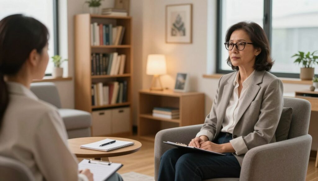 A professional psychologist and psychotherapist in a cozy office setting. The foreground features a calm, middle-aged therapist with glasses, dressed in a smart casual outfit, sitting in a comfortable armchair, listening attentively. The middle layer shows a small round table with a notepad and a pen, symbolizing note-taking and reflection. In the background, warm lighting illuminates bookshelves filled with psychology books and soothing artwork on the walls. Large windows let in natural light, creating a serene atmosphere. The overall mood is warm, inviting, and supportive, reflecting the essence of psychotherapy and cognitive pattern work.