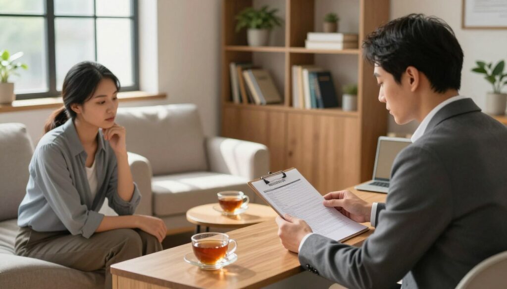 A professional psychologist's office is depicted in a warm, inviting atmosphere. In the foreground, a psychologist, dressed in business attire, is seated at a wooden desk, thoughtfully examining a patient history form. Midway in the scene, an armchair with soft cushions is positioned for clients, alongside a small side table with a comforting cup of tea. In the background, shelves filled with psychology books and decorative plants create a soothing environment. Natural light filters through a large window, casting gentle shadows that enhance the ambiance. The overall mood is calm, supportive, and professional, reflecting the serious nature of a depression diagnosis while emphasizing a sense of empathy and understanding.