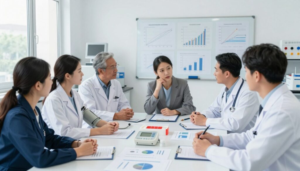 A professional setting depicting a medical research laboratory focused on the relationship between stress and cholesterol levels. In the foreground, a diverse group of healthcare professionals, including both men and women in smart business attire, are engaged in discussion around a large table filled with research papers and charts. The middle ground features medical equipment like a blood pressure monitor and cholesterol testing kits, symbolizing health assessments. In the background, a large whiteboard displays various graphs and diagrams illustrating stress levels and cholesterol correlation. The room is well-lit with natural light streaming through windows, creating a bright and upbeat atmosphere. The mood conveys scientific exploration and curiosity about health-related impacts of stress on cholesterol.