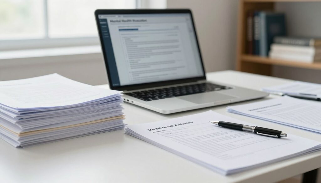 A professional setting featuring a well-organized desk filled with various documents and medical reports. In the foreground, there are neatly stacked files labeled with keywords like "Mental Health Evaluation" and "Depression Assessment." A close-up of a pen rests beside a form, suggesting readiness for completion. The middle ground includes a laptop open to a digital document, displaying an outline of required documentation for mental health assessments. Soft, natural lighting filters through a window, creating a calm and focused atmosphere. In the background, a bookshelf holds psychology texts and reference materials, hinting at a professional environment. The overall mood is serious yet hopeful, emphasizing the importance of thorough preparation in mental health evaluation.