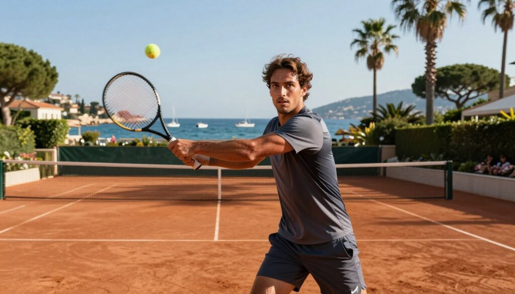 A professional tennis player training at the Monte Carlo Country Club, showcasing intense focus and dedication. In the foreground, the athlete, dressed in a sleek, modest tennis outfit, is executing a powerful forehand stroke, sweat glistening on his brow. The middle ground features a well-maintained clay court, flanked by lush greenery and elegant palm trees typical of the Monte Carlo landscape. In the background, the iconic Mediterranean Sea sparkles under a clear blue sky, with a few distant yachts gently bobbing on the water. The scene is illuminated by warm, late afternoon sunlight, casting soft shadows that enhance the vibrant colors. The overall mood is dynamic and inspiring, capturing the essence of rigorous training in a picturesque setting. A professional tennis player training at the Monte Carlo Country Club, showcasing intense focus and dedication. In the foreground, the athlete, dressed in a sleek, modest tennis outfit, is executing a powerful forehand stroke, sweat glistening on his brow. The middle ground features a well-maintained clay court, flanked by lush greenery and elegant palm trees typical of the Monte Carlo landscape. In the background, the iconic Mediterranean Sea sparkles under a clear blue sky, with a few distant yachts gently bobbing on the water. The scene is illuminated by warm, late afternoon sunlight, casting soft shadows that enhance the vibrant colors. The overall mood is dynamic and inspiring, capturing the essence of rigorous training in a picturesque setting.