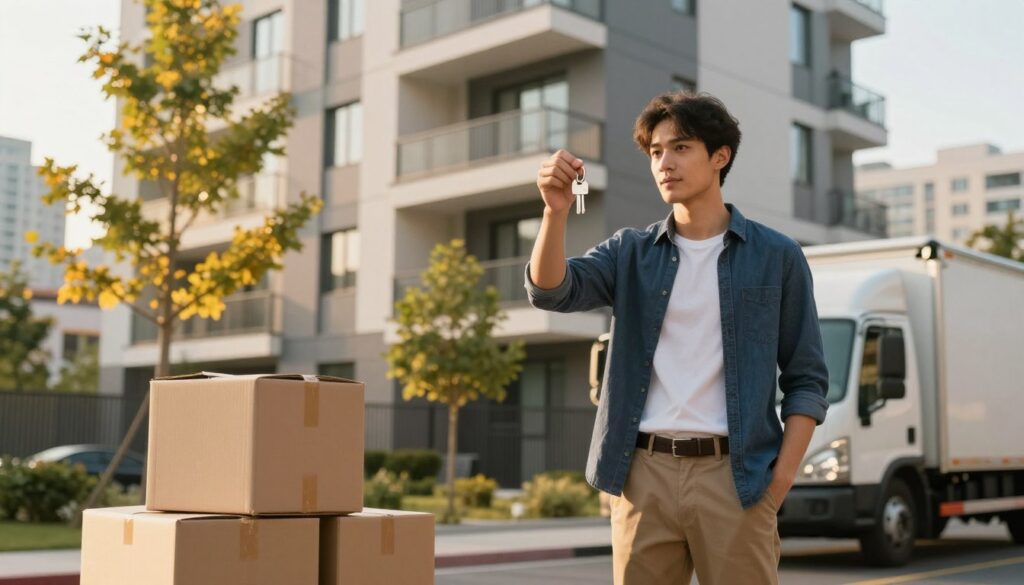 A professional young man, dressed in a smart casual outfit, stands in front of a modern apartment building, holding a set of house keys with a thoughtful expression. In the foreground, a moving truck is parked, with cardboard boxes stacked next to it, some partially unpacked. The middle ground features a couple of nearby trees, their leaves vibrant in the golden glow of late afternoon sunlight, reflecting a transitional moment in life. The background shows the city's skyline, hinting at urban living. The lighting is warm and inviting, creating an atmosphere of new beginnings and anticipation. The angle captures both the man and the building, emphasizing the theme of moving and settling into a new home.