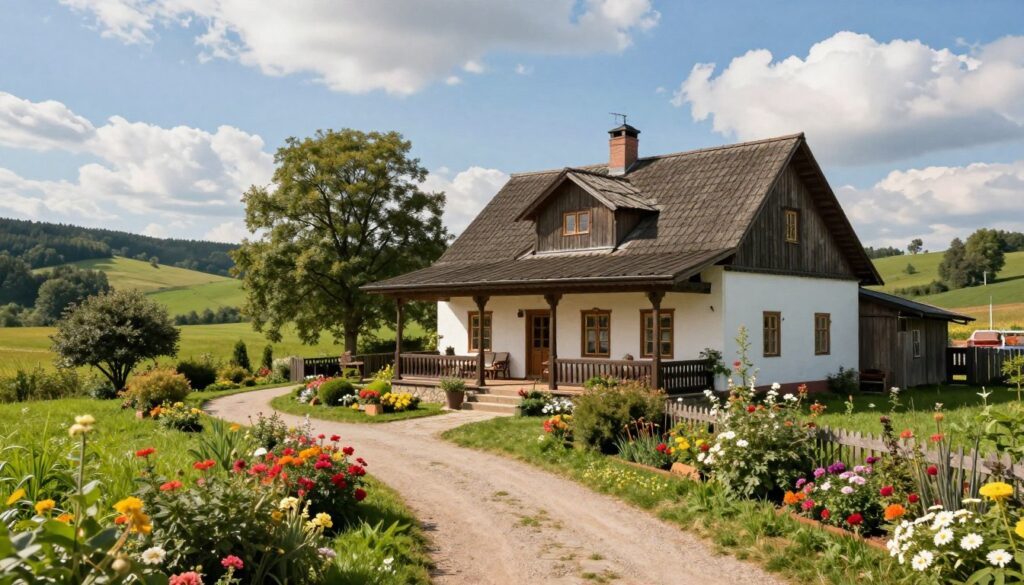 A scenic view of a traditional Polish countryside home, resembling a rustic farmhouse, surrounded by lush green fields and vibrant flower gardens. In the foreground, a well-maintained path leading up to the house, flanked by colorful shrubs and trees, creating a welcoming atmosphere. In the middle ground, an inviting porch with comfortable seating, ideal for relaxation. The background features rolling hills under a bright blue sky dotted with fluffy white clouds, casting soft natural light. The image captures a serene and peaceful environment, evoking a sense of home and community. The scene is depicted in warm hues to enhance the cozy, familial vibe, shot from a slightly elevated angle to provide depth and perspective.
