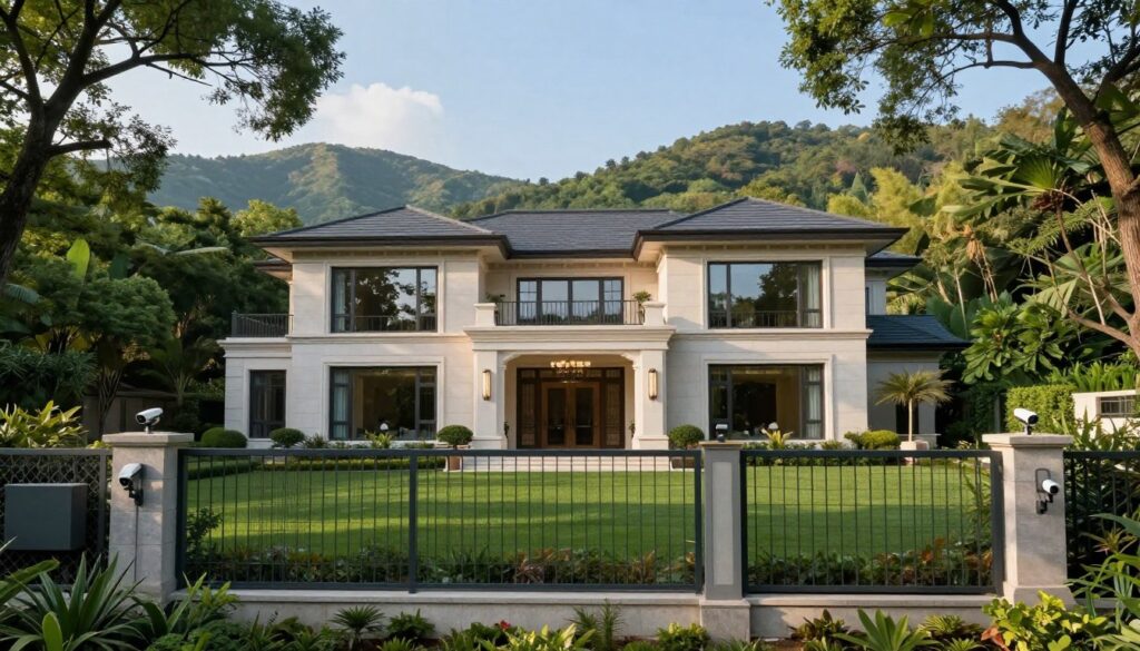A secluded luxury mansion nestled in the hidden hills, surrounded by lush greenery and tall trees, exuding an air of exclusivity and privacy. The foreground features a high-tech security fence with surveillance cameras discreetly placed, emphasizing the concept of safety. In the middle, the elegant entrance of the mansion showcases modern architecture with large glass windows reflecting the surrounding nature, creating a harmonious blend of man-made and natural beauty. The background reveals rolling hills and a clear blue sky, bathed in soft afternoon sunlight, enhancing the serene yet secure atmosphere. The image captures a feeling of tranquility, suggesting a private retreat away from the public eye, perfect for maintaining a celebrity lifestyle.