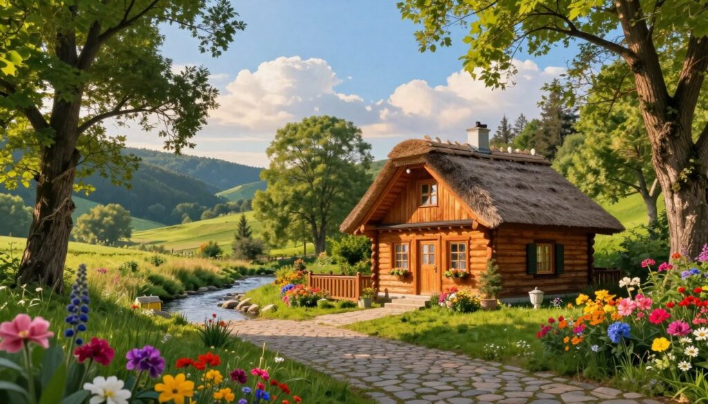 A serene and colorful landscape showcasing Kiki Świat's charming dwelling, nestled amid vibrant, lush greenery and majestic trees. In the foreground, a quaint cottage made of warm wood with a thatched roof, surrounded by blooming flowers in a rainbow of colors, reflecting a sense of home and comfort. In the middle ground, a cobblestone pathway leads to the cottage, with a gentle stream babbling alongside, creating a peaceful ambiance. In the background, rolling hills stretch into the distance under a bright blue sky filled with soft, fluffy clouds. The lighting is warm and inviting, mimicking the golden hour, casting gentle shadows and creating a cozy, tranquil atmosphere. A sense of harmony with nature envelops the scene, perfect for illustrating the essence of Kiki Świat's world.