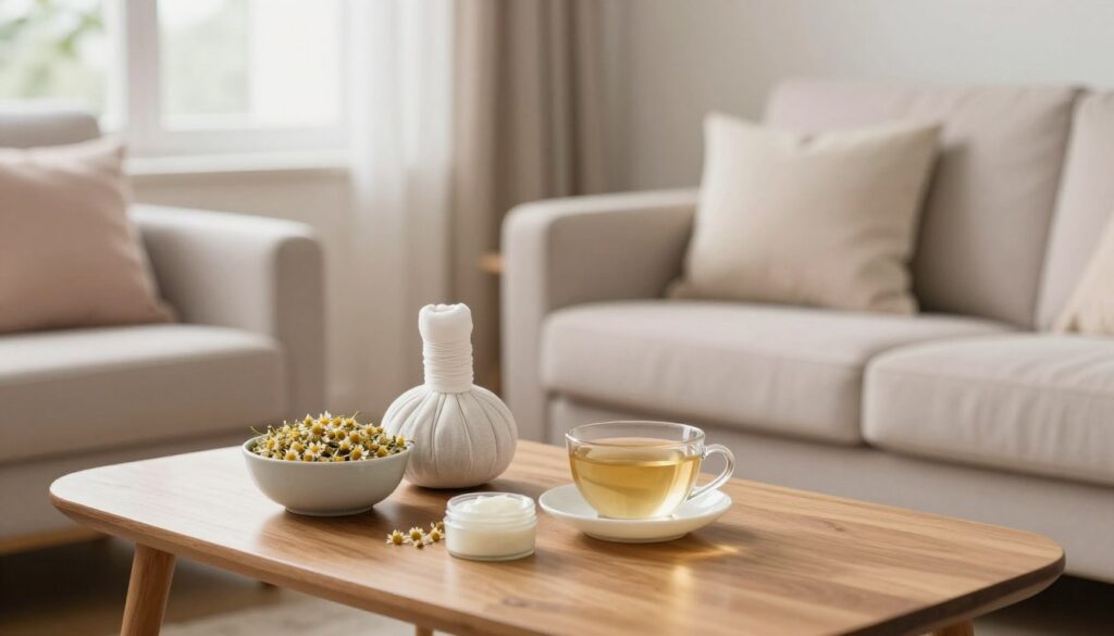 A serene and comforting home setting featuring a cozy, softly lit living room with soothing pastel colors. In the foreground, an elegant wooden coffee table displays various natural remedies for hemorrhoid relief: a bowl of warm herbal compresses, a cup of chamomile tea, and a small container of soothing ointment. In the middle background, a comfortable armchair is positioned beside a window, providing gentle natural light that enhances the tranquil atmosphere. Soft cushions are scattered around, inviting relaxation. The mood is calm and healing, reflecting a safe and supportive environment for pregnancy care. The image conveys a sense of relief and comfort without human subjects, focusing solely on the remedies and the inviting space.