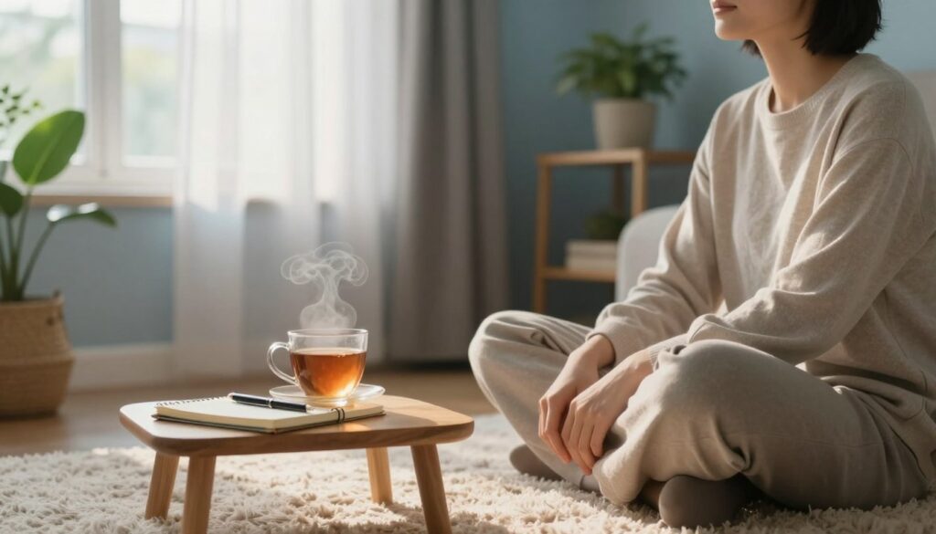 A serene and comforting scene depicting a peaceful indoor space to symbolize healing after a breakup. In the foreground, a person sitting cross-legged on a soft, cozy rug, dressed in modest casual clothing, with a thoughtful expression. Next to them, a steaming cup of tea rests on a small wooden table, along with a journal and a pen, suggesting self-reflection. In the middle ground, a window shows gentle sunlight filtering through sheer curtains, casting a warm glow in the room. Green plants on a nearby shelf bring a touch of nature inside, enhancing the peaceful atmosphere. The background features a soothing color palette, with soft blues and warm neutrals, promoting a sense of calm and recovery. The overall mood should be tranquil, nurturing, and hopeful, encouraging personal growth and healing. A serene and comforting scene depicting a peaceful indoor space to symbolize healing after a breakup. In the foreground, a person sitting cross-legged on a soft, cozy rug, dressed in modest casual clothing, with a thoughtful expression. Next to them, a steaming cup of tea rests on a small wooden table, along with a journal and a pen, suggesting self-reflection. In the middle ground, a window shows gentle sunlight filtering through sheer curtains, casting a warm glow in the room. Green plants on a nearby shelf bring a touch of nature inside, enhancing the peaceful atmosphere. The background features a soothing color palette, with soft blues and warm neutrals, promoting a sense of calm and recovery. The overall mood should be tranquil, nurturing, and hopeful, encouraging personal growth and healing.