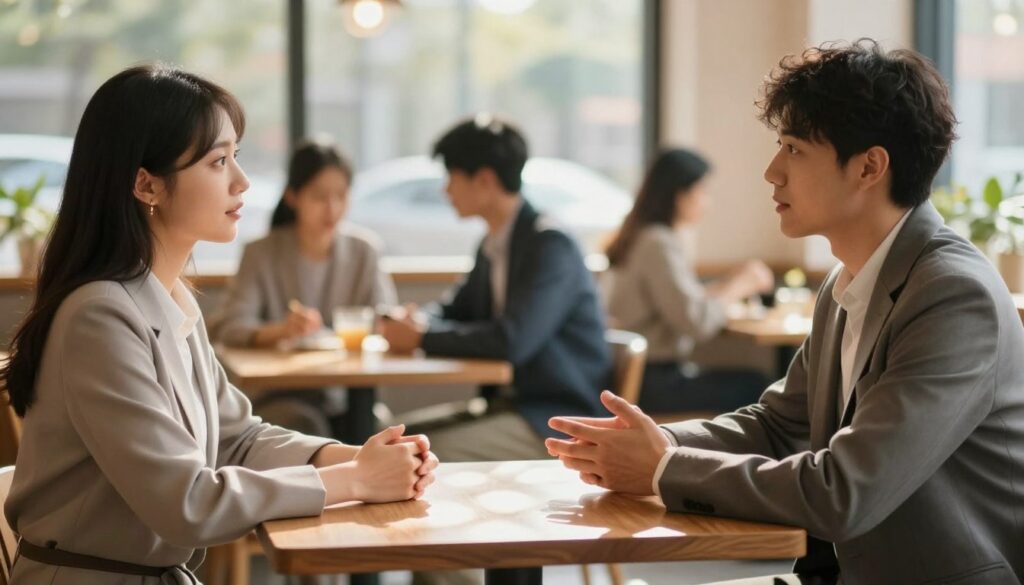 A serene and constructive scene depicting communication and boundaries within a relationship. In the foreground, a diverse couple sits at a small table in a cozy café, both dressed in professional attire, engaged in a calm and focused conversation. The couple displays open body language, emphasizing connection and understanding. In the middle ground, soft, blurred outlines of other patrons enjoying their time, conveying a sense of a supportive environment. The background features warm, inviting colors with soft natural lighting from large windows, casting gentle patterns on the wooden table. The overall mood is peaceful, suggesting a nurturing atmosphere where communication thrives, symbolizing the importance of effective dialogue in relationships. Suitable for illustrating a section about communication and boundaries.