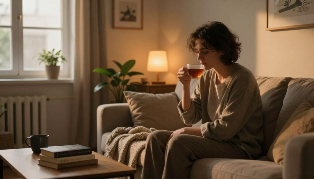 A serene and contemplative scene depicting a cozy living room setting, warmly lit with soft, golden evening light coming through a window. In the foreground, a person in modest casual clothing sits on a comfortable couch, looking reflective as they sip a cup of tea, surrounded by calming elements like a cozy blanket and a few books on a nearby coffee table. In the middle ground, a small plant adds a touch of life, while calming artwork is visible on the walls. In the background, a gentle glow from a lamp creates an inviting atmosphere. The overall mood is one of tranquility and self-reflection, embodying the theme of taking time to heal and regain balance after emotional turmoil.