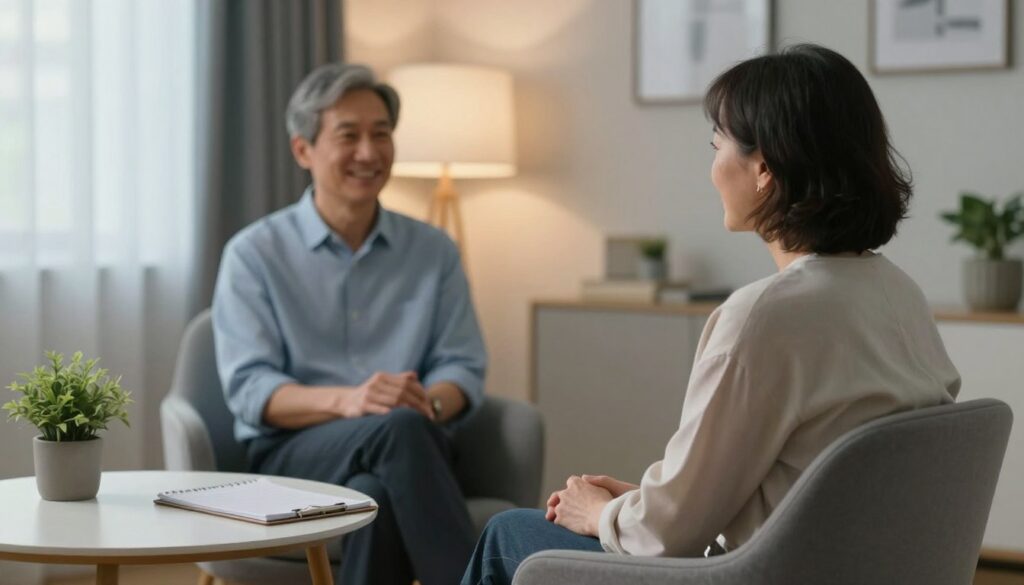 A serene and contemplative scene depicting a cozy therapist's office, focusing on a professional psychologist, a middle-aged person sitting comfortably in a modern chair, wearing smart casual attire. In the foreground, a well-organized desk with a notepad and a calming plant. In the middle ground, the psychologist is engaged in a supportive discussion, with a warm smile, exuding empathy and understanding. The background features soft, ambient lighting that casts gentle shadows, creating a tranquil atmosphere. The color palette should include soft blues and warm earthy tones, reinforcing a sense of safety and openness. Natural light filters through semi-transparent curtains, adding a touch of warmth to the scene, evoking a feeling of hope and healing.