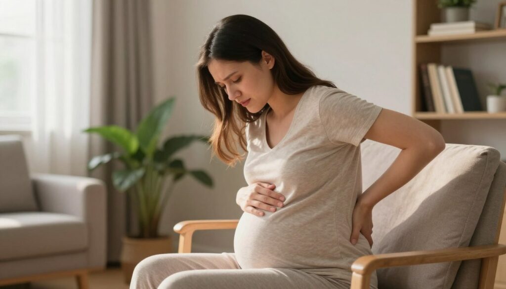 A serene and contemplative scene depicting a pregnant woman in the third trimester experiencing back pain. She is sitting on a cozy chair with a soft cushion, dressed in comfortable, modest loungewear. The foreground features her gently cradling her belly while slightly leaning forward, a look of concern on her face. In the middle ground, a warm and inviting living room setting is visible, with soft lighting creating a calming atmosphere, accentuated by a few green plants and a bookshelf. In the background, a window with sheer curtains allows gentle sunlight to filter in, enhancing the peaceful mood of the scene, symbolizing the weight and discomfort often felt during late pregnancy.