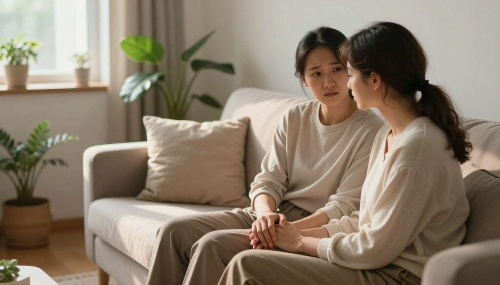 A serene and contemplative scene depicting emotional stabilization in a cozy, warmly lit room. In the foreground, a couple is seated on a soft, neutral-toned couch; they are dressed in modest casual clothing, engaging in supportive body language, with one partner gently holding the other's hand. In the middle ground, a calming corner with plants and soft pillows creates a sense of safety. The background features a window with soft, natural light streaming in, casting gentle shadows, enhancing the tranquil atmosphere. The overall mood is one of reassurance and healing, reflecting the importance of emotional boundaries and connection in difficult times. The image should be captured at a warm angle that invites empathy and understanding. A serene and contemplative scene depicting emotional stabilization in a cozy, warmly lit room. In the foreground, a couple is seated on a soft, neutral-toned couch; they are dressed in modest casual clothing, engaging in supportive body language, with one partner gently holding the other's hand. In the middle ground, a calming corner with plants and soft pillows creates a sense of safety. The background features a window with soft, natural light streaming in, casting gentle shadows, enhancing the tranquil atmosphere. The overall mood is one of reassurance and healing, reflecting the importance of emotional boundaries and connection in difficult times. The image should be captured at a warm angle that invites empathy and understanding.