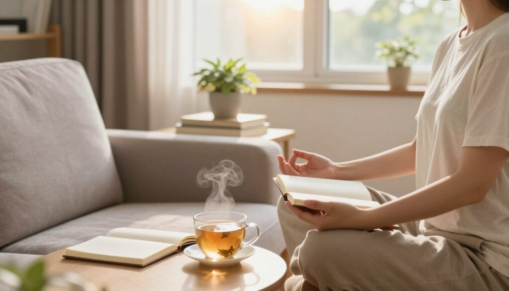 A serene and cozy home interior that conveys a sense of calm and self-care, featuring a peaceful living room with soft lighting and warm colors. In the foreground, a person in modest casual clothing, seated comfortably on a plush sofa, is engaged in a mindfulness exercise, with a journal and a steaming cup of herbal tea nearby. The middle ground includes a small table adorned with self-help books and a potted plant, symbolizing personal growth. In the background, a window reveals a gentle, sunny day outside, enhancing the inviting atmosphere. The overall mood is hopeful and encouraging, promoting the concept of realistic self-help methods at home while maintaining a sense of tranquility and introspection.
