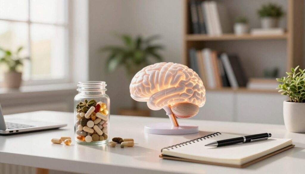 A serene and engaging workspace that symbolizes "brain supplementation". In the foreground, feature a modern desk with an elegant glass jar filled with assorted supplements, such as vitamin capsules and herbal blends, artistically arranged. Surrounding the jar, a notepad and a pen emphasize a scientific approach. In the middle area, a brain model made of translucent material highlights neural connections, illuminated softly. The background displays a calming home office with shelves filled with books on mental health, neatly arranged plants, and a large window letting in warm sunlight, creating a welcoming atmosphere. Use natural lighting to enhance a sense of clarity and hopefulness, evoking a positive mood towards mental well-being and nutritional support for depression.