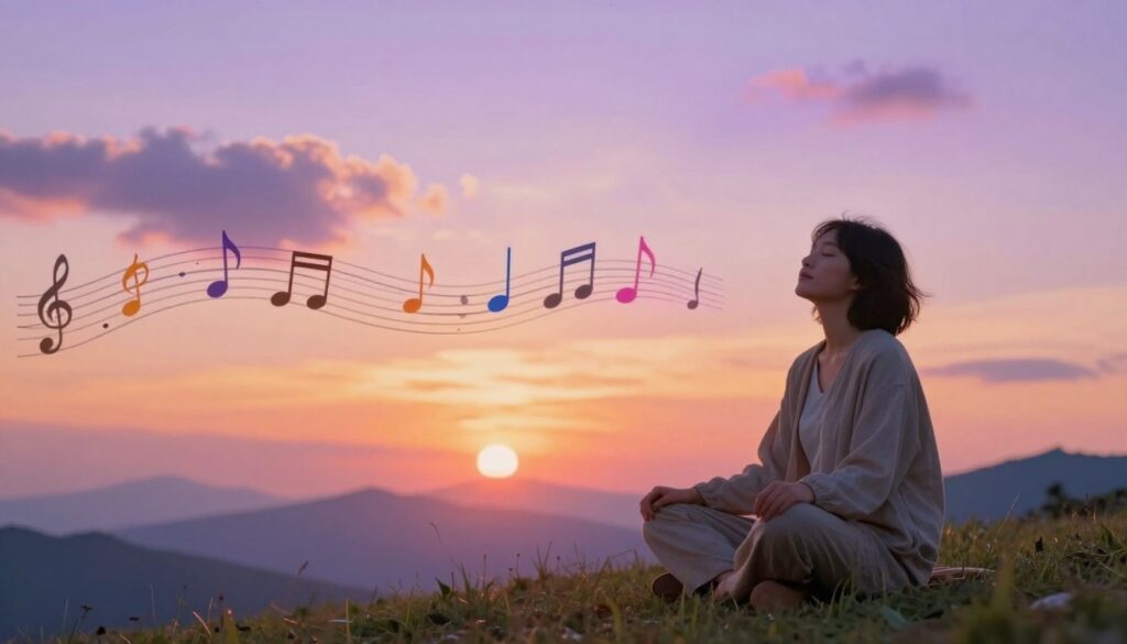 A serene and ethereal scene depicting the impact of sound on mood. In the foreground, a calm individual, dressed in comfortable, modest clothing, sits cross-legged on a grassy hill, eyes closed, absorbing the soothing sounds around them. In the middle ground, gentle waves of musical notes visually ripple through the air, vibrant and colorful, symbolizing various emotions. The background features a soft sunset with warm hues of orange, pink, and purple blending together, casting a gentle glow. Wispy clouds float in the sky, and distant mountains are softly blurred, enhancing the dreamlike quality. The lighting is soft and warm, with a focus on creating a tranquil and uplifting atmosphere, evoking feelings of relaxation and peace.