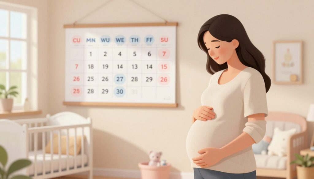 A serene and informative illustration depicting the concept of pregnancy weeks. In the foreground, a peaceful expectant mother gently cradles her baby bump, dressed in modest casual clothing. She stands amidst a softly lit, cozy room filled with baby items, symbolizing preparation and anticipation. In the middle ground, a wall calendar hangs prominently, its dates marked to indicate various weeks of pregnancy, showcasing the progression of time with visual clarity. The background features a warm, inviting nursery, with natural light streaming in through a window, creating a soothing atmosphere. The colors are soft pastels, emphasizing a sense of calm and joy. The overall mood is hopeful and enlightening, capturing the beautiful journey of pregnancy.