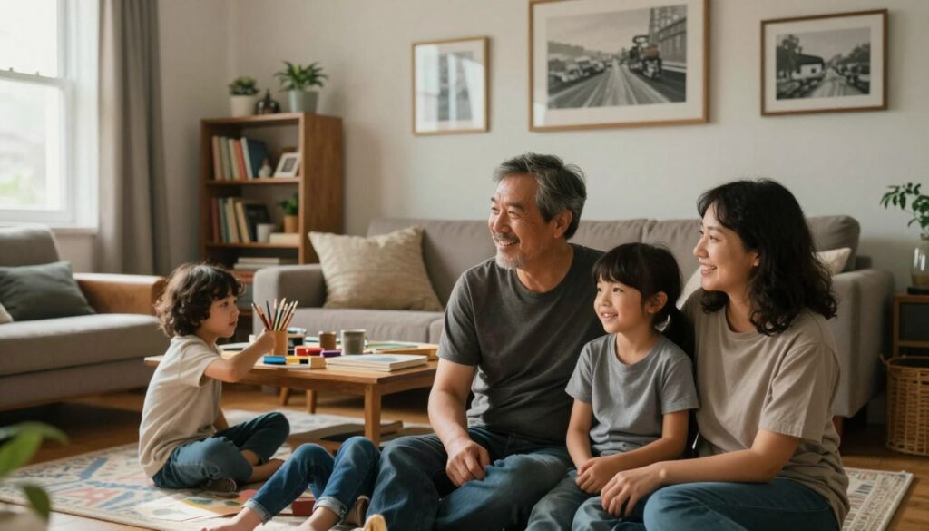 A serene and intimate home setting that reflects the private life of a well-known artist. In the foreground, a family portrait of a middle-aged man and his loved ones in modest casual attire, exuding warmth and connection, capturing moments of laughter and togetherness. In the middle ground, a tastefully decorated living room filled with personal belongings like art supplies, books, and framed memories, showcasing a harmonious blend of creativity and family life. The background features a softly lit window, allowing gentle natural light to cascade in, creating a cozy atmosphere. The mood should evoke a sense of privacy, comfort, and familial love, highlighting the importance of personal relationships while maintaining a sense of respect for the artist's privacy.