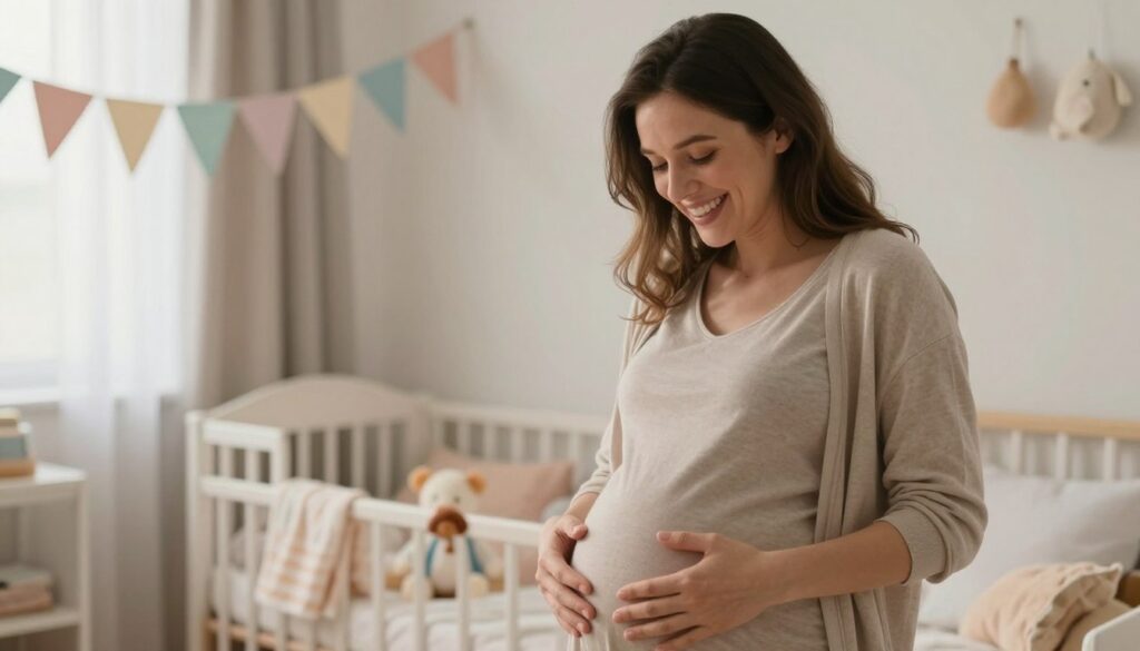 A serene and intimate scene capturing the moment of a mother experiencing her baby's first movements during pregnancy. In the foreground, a joyful expectant mother, dressed in comfortable, modest casual attire, gently places her hands on her rounded belly, a look of wonder on her face. The middle ground features soft, pastel-colored decorations in a cozy nursery, with a hint of baby toys and blankets, creating a warm, nurturing atmosphere. The background shows a softly lit room with natural light filtering through sheer curtains, enhancing the soothing environment. The overall mood is one of anticipation and love, highlighting the emotional connection between the mother and her unborn child. A serene and intimate scene capturing the moment of a mother experiencing her baby's first movements during pregnancy. In the foreground, a joyful expectant mother, dressed in comfortable, modest casual attire, gently places her hands on her rounded belly, a look of wonder on her face. The middle ground features soft, pastel-colored decorations in a cozy nursery, with a hint of baby toys and blankets, creating a warm, nurturing atmosphere. The background shows a softly lit room with natural light filtering through sheer curtains, enhancing the soothing environment. The overall mood is one of anticipation and love, highlighting the emotional connection between the mother and her unborn child.