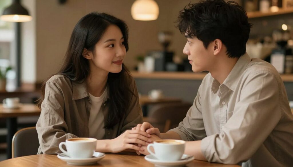 A serene and intimate scene depicting two individuals sitting closely in a softly lit café. In the foreground, their hands gently touch on the table, expressing warmth and connection, with soft coffee cups placed nearby. In the middle ground, the couple appears engaged in a deep conversation, their facial expressions reflecting trust and understanding, dressed in smart casual attire. The background features elegantly blurred elements of the café, with warm, diffused lighting creating a cozy atmosphere. Soft shadows enhance the intimacy of the scene, wrapped in gentle hues of amber and earth tones, evoking a sense of comfort and closeness, yet hinting at underlying complexities in their bond. A serene and intimate scene depicting two individuals sitting closely in a softly lit café. In the foreground, their hands gently touch on the table, expressing warmth and connection, with soft coffee cups placed nearby. In the middle ground, the couple appears engaged in a deep conversation, their facial expressions reflecting trust and understanding, dressed in smart casual attire. The background features elegantly blurred elements of the café, with warm, diffused lighting creating a cozy atmosphere. Soft shadows enhance the intimacy of the scene, wrapped in gentle hues of amber and earth tones, evoking a sense of comfort and closeness, yet hinting at underlying complexities in their bond.