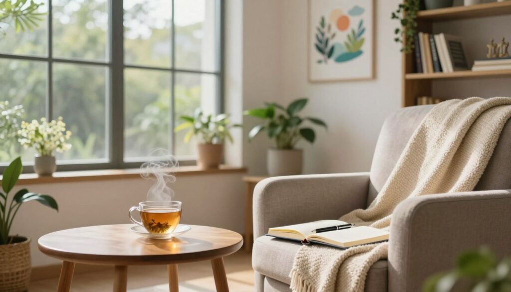 A serene and inviting therapy room bathed in soft, natural light filtering through large windows, surrounded by lush greenery visible outside. In the foreground, a cozy armchair with a warm throw blanket drapes over it, symbolizing comfort and support. A small wooden table holds a steaming cup of herbal tea and an open journal with a pen, suggesting mindfulness and daily reflection. In the middle ground, a tranquil wall adorned with uplifting artwork featuring nature scenes and affirmations contributes to a positive atmosphere. The background includes potted plants and shelves filled with books on mental health and wellness, enhancing the sense of a nurturing environment. The overall mood is hopeful and calming, emphasizing the journey of daily support in overcoming depression.