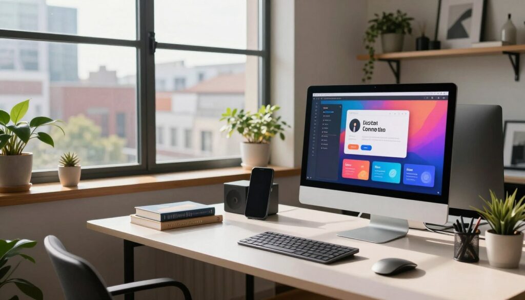 A serene and modern workspace that reflects both creativity and professionalism, featuring a sleek desk adorned with tech gadgets and books about digital content creation. In the foreground, a computer with a vibrant screen displays engaging graphics, showcasing a successful online presence. The middle ground reveals a large window with soft natural light streaming in, casting gentle shadows across the room. Outside, a picturesque urban landscape is visible, hinting at the life of a content creator living in a bustling city. The background includes shelves filled with plants and artistic decor, promoting a sense of calm and inspiration. The mood is vibrant yet focused, emphasizing the balance between personal and online life.