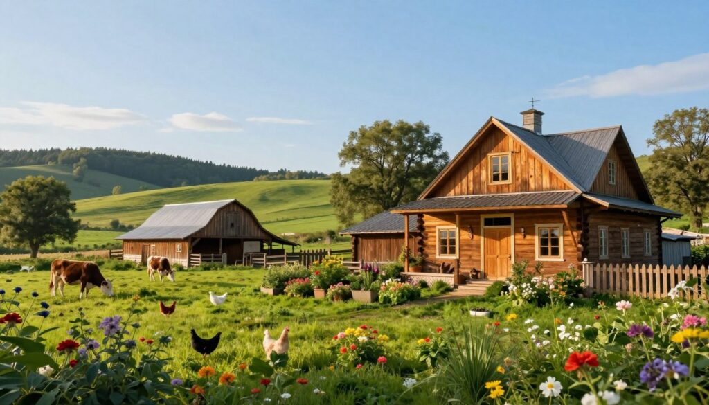 A serene and picturesque rural homestead surrounded by lush, green fields and a clear blue sky. In the foreground, a charming wooden farmhouse with a warm, inviting facade and a well-tended garden filled with colorful flowers. In the middle, a rustic barn and a few farm animals like cows and chickens grazing peacefully, adding to the pastoral atmosphere. The background features rolling hills and a distant forest, enhancing the sense of tranquility. Soft, warm sunlight bathes the entire scene, creating a cozy and welcoming mood. The composition captures the essence of countryside life, focusing on harmony and simplicity. The lens angle is slightly elevated to encompass both the homestead and the surrounding nature, inviting viewers into this idyllic rural setting.