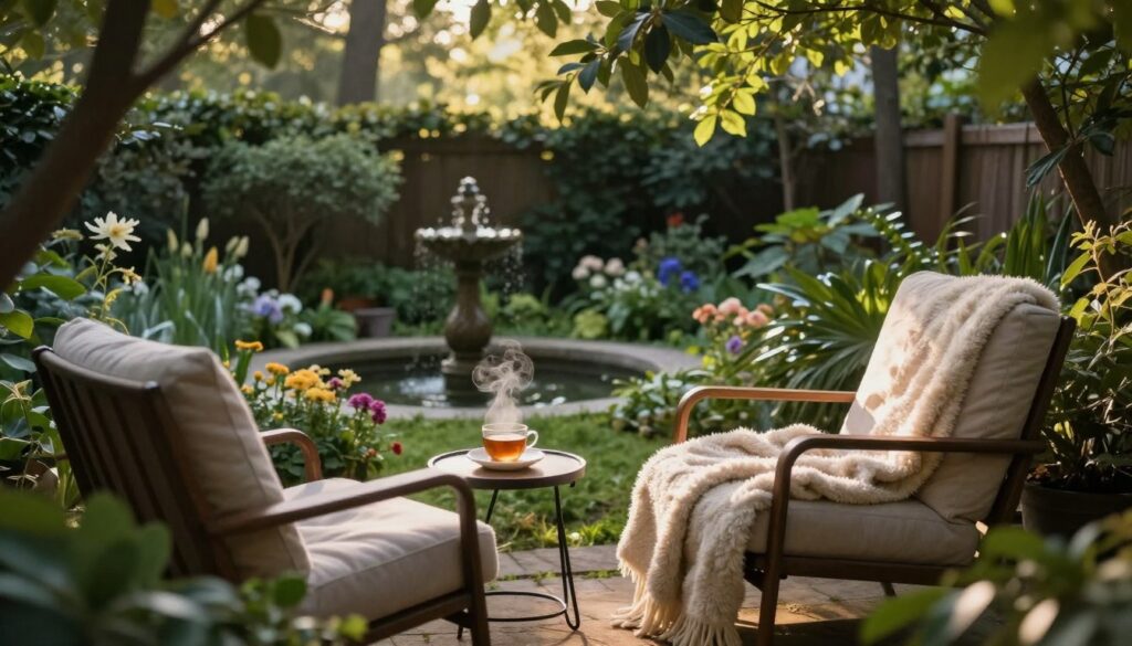 A serene and private outdoor space, featuring a cozy, secluded reading nook surrounded by lush greenery and soft, warm lighting. In the foreground, a comfortable chair with a plush throw blanket and a small side table holding a steaming cup of tea. The middle ground showcases a small, peaceful garden with blooming flowers and a gentle fountain, adding a calming ambiance. In the background, tall trees create a natural barrier, enhancing the sense of seclusion while sunlight filters through the leaves, casting dappled shadows. The overall atmosphere is tranquil and inviting, symbolizing the protection of personal privacy. The scene is captured with a soft focus lens, bringing a warm, intimate feel, perfect for illustrating solitary reflection and the importance of privacy in daily life.