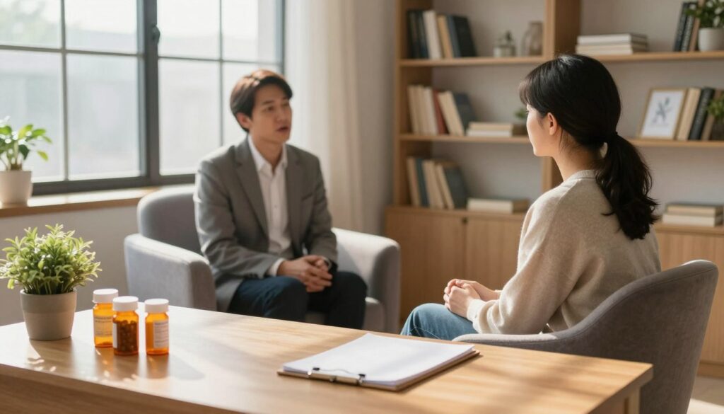 A serene and professional scene depicting a cozy therapy room, softly lit with warm, natural light filtering through a large window. In the foreground, a wooden desk is adorned with prescription bottles neatly arranged beside a notepad and a potted plant, suggesting the theme of medication. In the middle ground, a psychologist in business attire is engaged in a thoughtful discussion with a patient, who is dressed in casual, modest clothing, both seated comfortably in plush armchairs. The background features shelves filled with books on mental health and wellness, creating an inviting atmosphere. The mood is calm and reassuring, emphasizing the importance of medication and psychotherapy in treating bipolar depression. Add gentle shadows to enhance the depth and warmth of the scene.