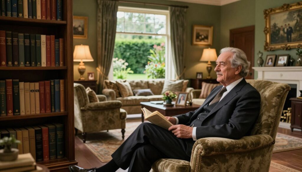 A serene and rich setting depicting the private life of a sophisticated older gentleman in his elegant home. In the foreground, a cozy reading nook with plush armchairs, a vintage bookshelf filled with historical books, and warm lighting casting a soft glow. The middle ground reveals a well-furnished living room, showcasing tasteful art and family photos, emphasizing a sense of comfort and intimacy. In the background, through a large window, a beautifully landscaped garden can be seen, illustrating a peaceful outdoor space with lush greenery. The atmosphere is calm and reflective, highlighting the themes of wealth, daily life, and personal passions in a nurturing environment. The scene is captured with a natural lens at a slightly low angle to create depth, enhancing the warm and inviting ambiance.