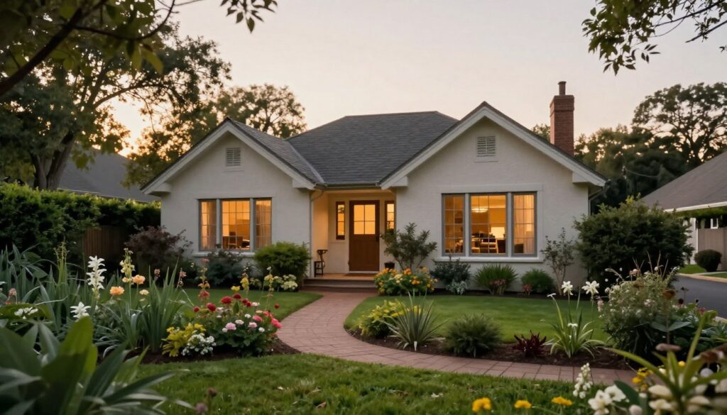 A serene and secure residential setting in the suburbs, featuring a modest yet elegant house surrounded by lush greenery. The foreground showcases a well-tended garden with blooming flowers, where a cozy pathway leads to the entrance. In the middle ground, the house is visible, with large windows allowing warm light to spill out, evoking a sense of peace and comfort. The background includes a softly blurred view of tree-lined streets, contributing to a tranquil atmosphere. The scene is captured during the golden hour, with warm sunlight bathing the surroundings in a gentle glow. The overall mood reflects an air of privacy and safety, ideal for a former leader's residence. Ensure the image has no people, focusing solely on the environment.