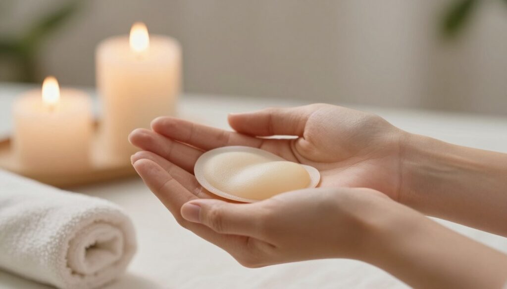 A serene and soothing scene focusing on a pair of female hands gently cradling a soft, natural product designed to protect and soothe the nipple area. The hands are adorned with a subtle, elegant manicure, showcasing a sense of care and attention. In the background, a calming spa-like atmosphere is created with blurred elements such as flickering candles, soft towels, and a hint of greenery, conveying relaxation and tranquility. Soft, diffused lighting highlights the texture of the product and the delicate skin of the hands, enhancing the peaceful mood. A shallow depth of field adds intimacy to the scene, keeping the focus on the hands while softly blurring the background. The overall atmosphere is one of nurturing and self-care, emphasizing wellness and the importance of stress reduction.