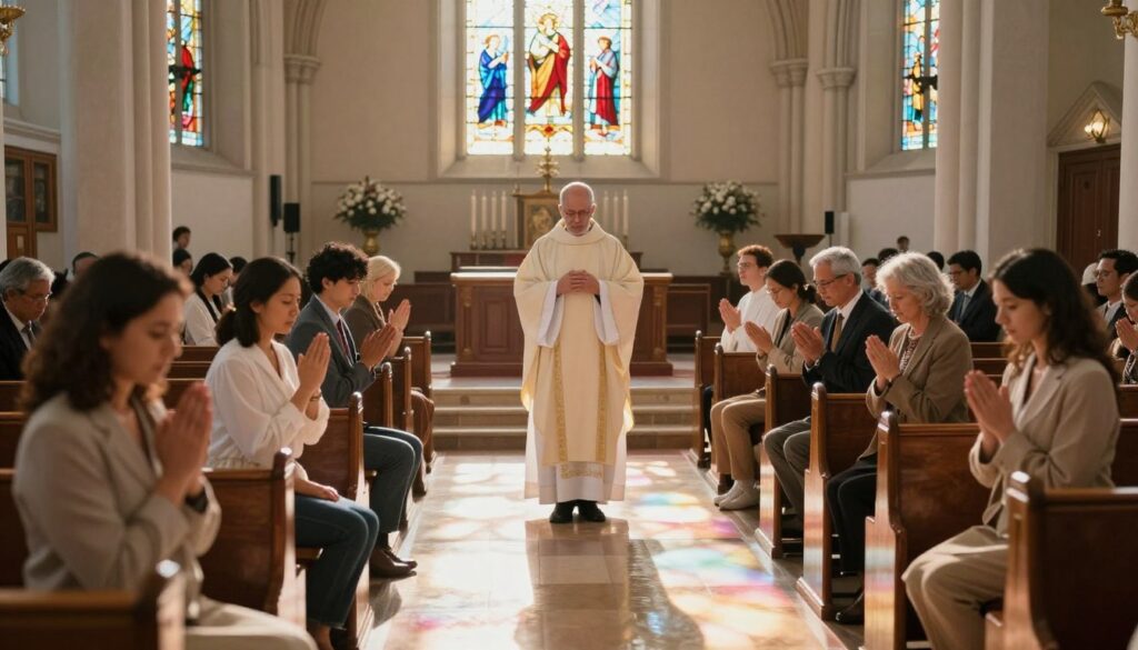 A serene and uplifting scene depicting a healing and deliverance ceremony in a beautifully lit church. In the foreground, a diverse group of individuals, dressed in modest, professional attire, are engaged in fervent prayer, their faces expressing hope and determination. The middle ground features a priest in a simple yet elegant robe, guiding the ceremony with compassionate gestures. Soft, ethereal light streams through stained glass windows, casting colorful reflections on the floor, creating a warm and inviting atmosphere. The background shows rows of wooden pews filled with attentive worshippers, emphasizing community support and spiritual connection. The overall mood is one of tranquility, faith, and divine presence, inviting contemplation and reflection. A serene and uplifting scene depicting a healing and deliverance ceremony in a beautifully lit church. In the foreground, a diverse group of individuals, dressed in modest, professional attire, are engaged in fervent prayer, their faces expressing hope and determination. The middle ground features a priest in a simple yet elegant robe, guiding the ceremony with compassionate gestures. Soft, ethereal light streams through stained glass windows, casting colorful reflections on the floor, creating a warm and inviting atmosphere. The background shows rows of wooden pews filled with attentive worshippers, emphasizing community support and spiritual connection. The overall mood is one of tranquility, faith, and divine presence, inviting contemplation and reflection.