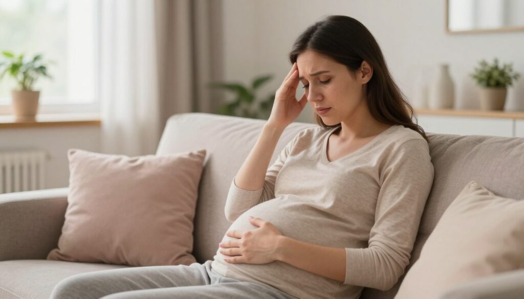 A serene and warm representation of a pregnant woman sitting on a comfortable couch, gently cradling her belly with one hand while her other hand supports her head, depicting the signs of stress and worry. She has a thoughtful expression, with subtle signs of fatigue and concern showing in her eyes, illuminated by soft, natural light filtering in through a nearby window. The background features a calm, cozy living room with gentle pastel colors, potted plants, and soft cushions, creating a peaceful atmosphere. The image captures the vulnerability of pregnancy, emphasizing the emotional impact of stress while maintaining a sense of hope and tranquility. The composition is framed to focus on the woman's silhouette against the compassionate surroundings, inviting empathy and understanding. A serene and warm representation of a pregnant woman sitting on a comfortable couch, gently cradling her belly with one hand while her other hand supports her head, depicting the signs of stress and worry. She has a thoughtful expression, with subtle signs of fatigue and concern showing in her eyes, illuminated by soft, natural light filtering in through a nearby window. The background features a calm, cozy living room with gentle pastel colors, potted plants, and soft cushions, creating a peaceful atmosphere. The image captures the vulnerability of pregnancy, emphasizing the emotional impact of stress while maintaining a sense of hope and tranquility. The composition is framed to focus on the woman's silhouette against the compassionate surroundings, inviting empathy and understanding.