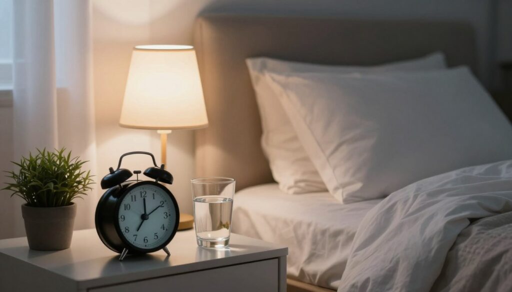 A serene bedroom environment promoting sleep hygiene, showcasing a neatly made bed with soft, white linens and a plush pillow. In the foreground, a bedside table holds a digital alarm clock displaying a calm time, alongside a small potted plant and a glass of water. The middle ground features gentle ambient lighting from a stylish table lamp, creating a warm glow that enhances relaxation. In the background, soft curtains are partially drawn, allowing a hint of moonlight to filter in. The mood is tranquil, inviting a sense of calm and peace, perfect for stress relief. Consider a shallow depth of field to focus closely on the bed and bedside items, while softly blurring the background, emphasizing the theme of sleep hygiene as a shield against daily tension. A serene bedroom environment promoting sleep hygiene, showcasing a neatly made bed with soft, white linens and a plush pillow. In the foreground, a bedside table holds a digital alarm clock displaying a calm time, alongside a small potted plant and a glass of water. The middle ground features gentle ambient lighting from a stylish table lamp, creating a warm glow that enhances relaxation. In the background, soft curtains are partially drawn, allowing a hint of moonlight to filter in. The mood is tranquil, inviting a sense of calm and peace, perfect for stress relief. Consider a shallow depth of field to focus closely on the bed and bedside items, while softly blurring the background, emphasizing the theme of sleep hygiene as a shield against daily tension.